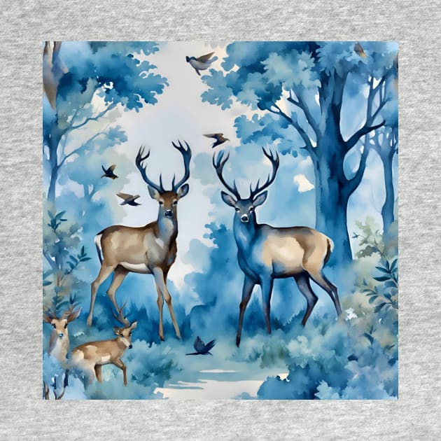 Aubusson tapestry style deer in the forest watercolor seamless pattern by SophieClimaArt